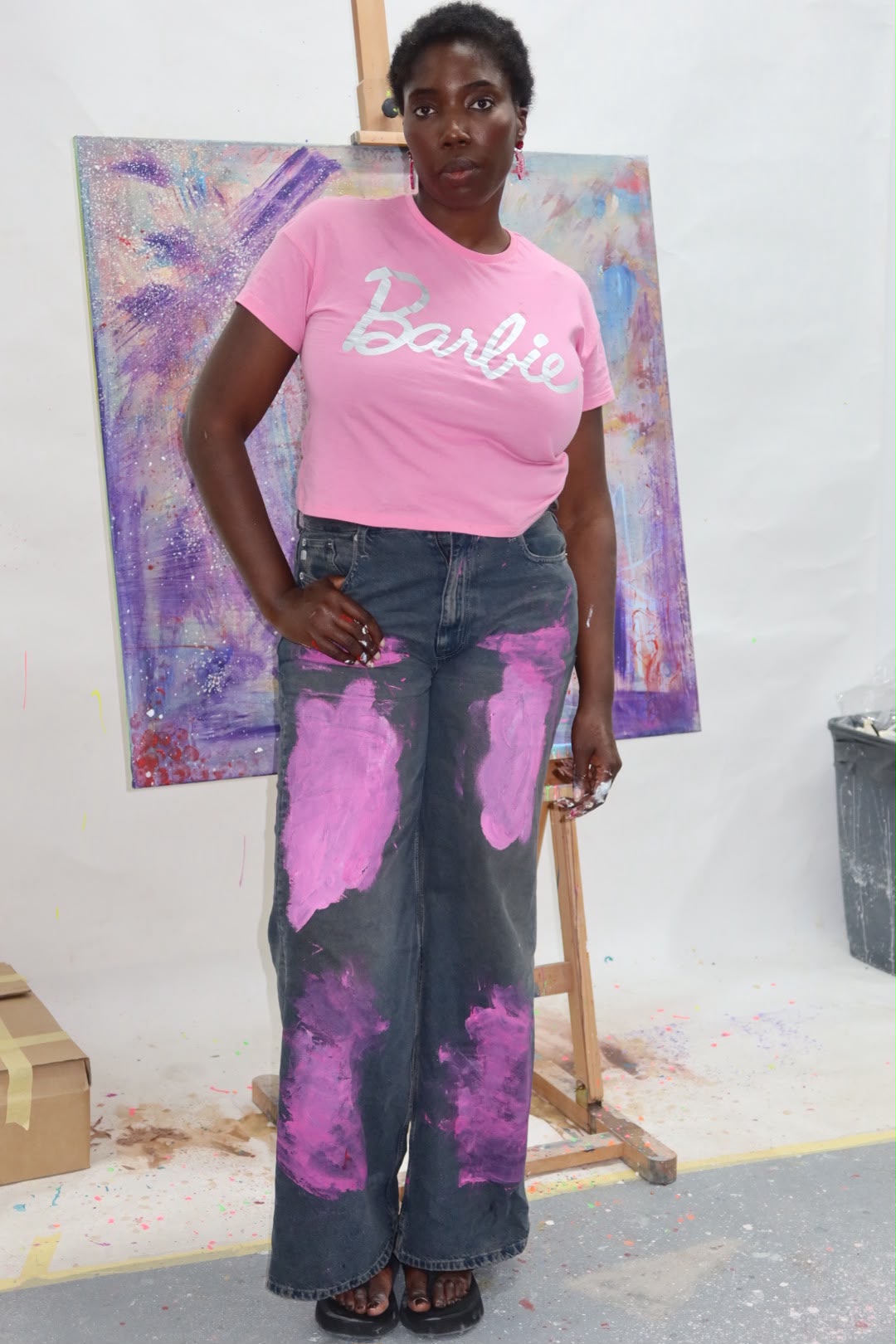 Pink Barbie tee with hand-painted jeans