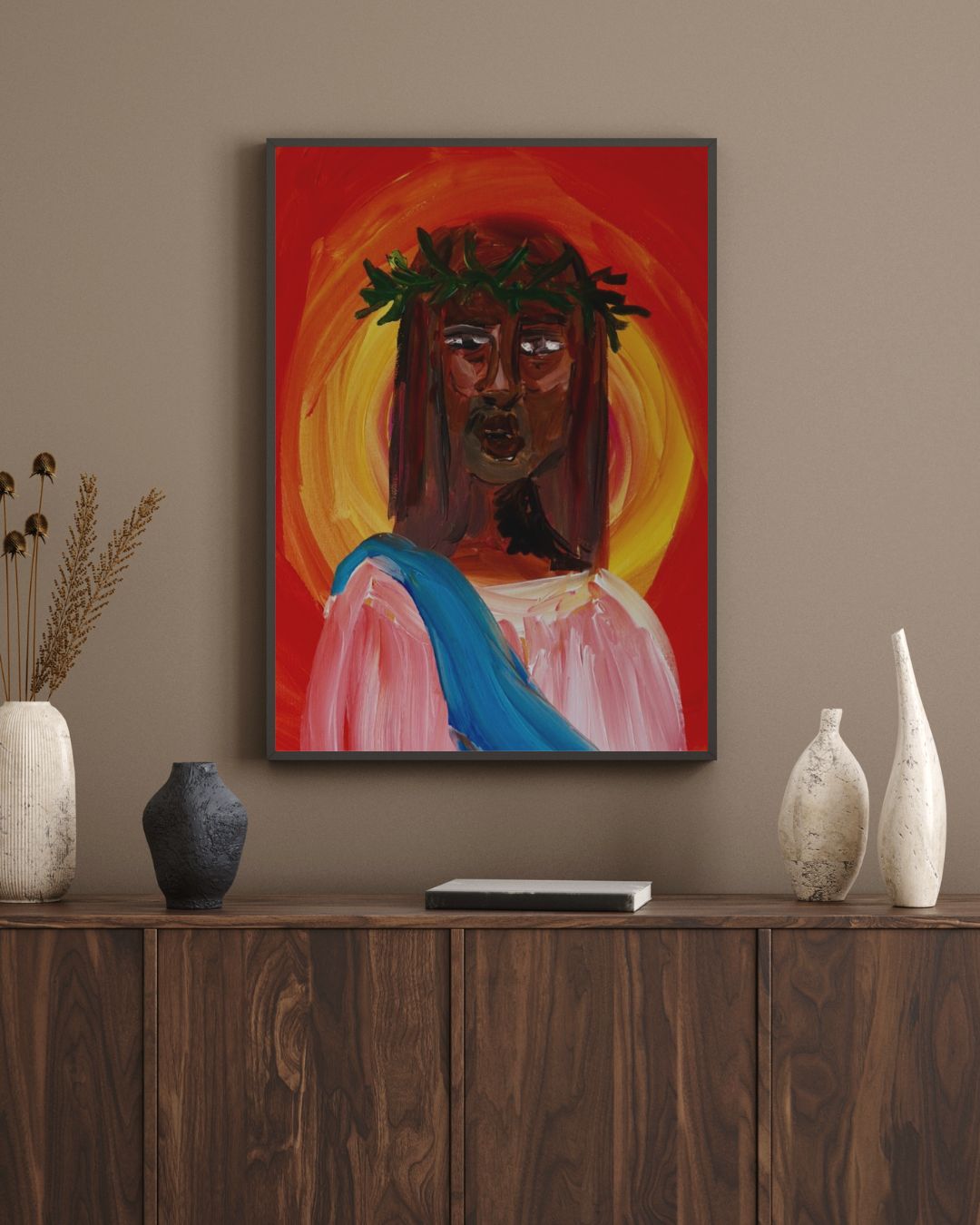 Gezus print framed in a room
