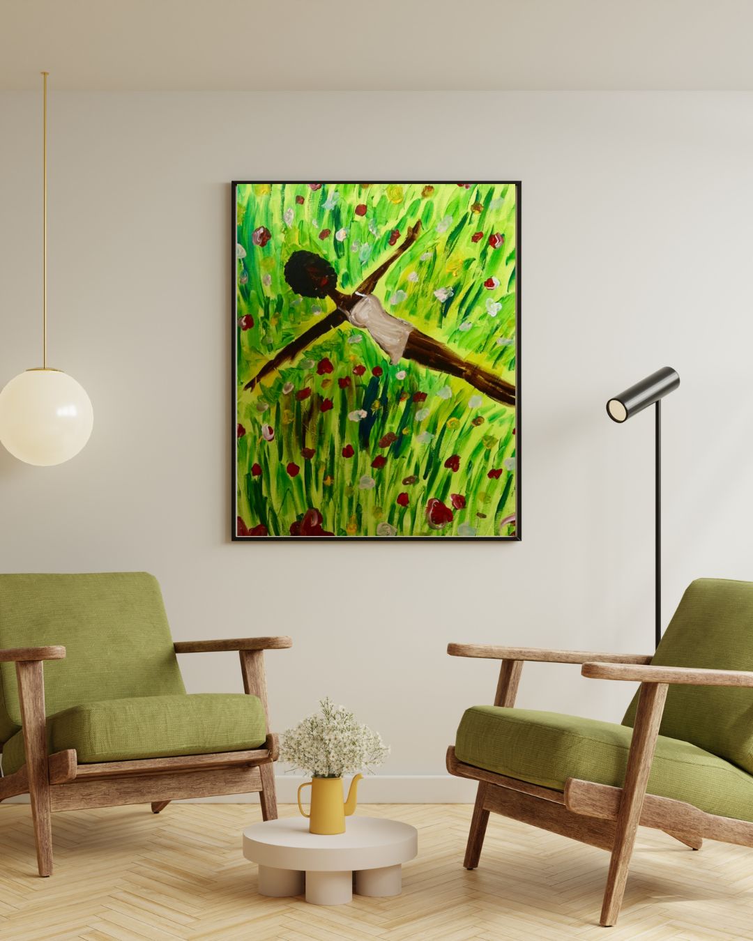 He maketh me lie down in green pastures (Psalm 23) print framed in a room